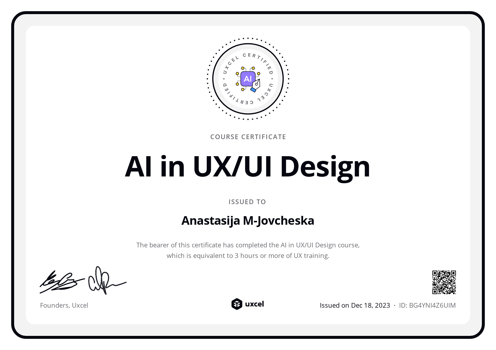 Anastasija M-Jovcheska's certificate